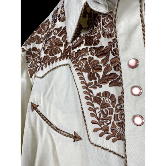Scully 2XL Shirt White Brown Heavily Embroidered Rodeo Western Pearl Snap Mens - Picture 4 of 7